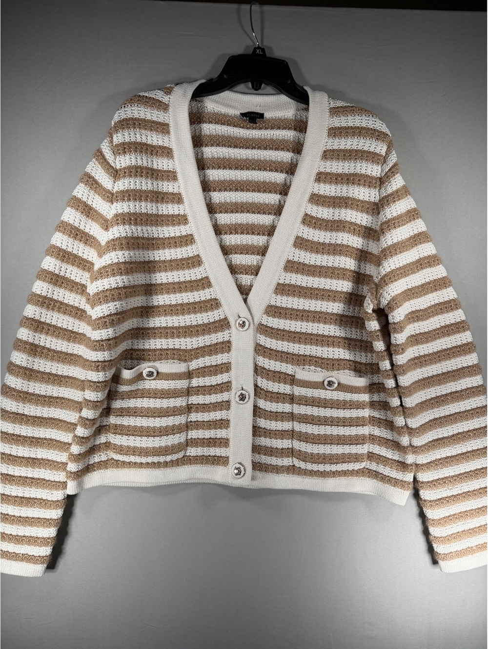 Talbots XL Striped Knit Cardigan Sweater Beige White